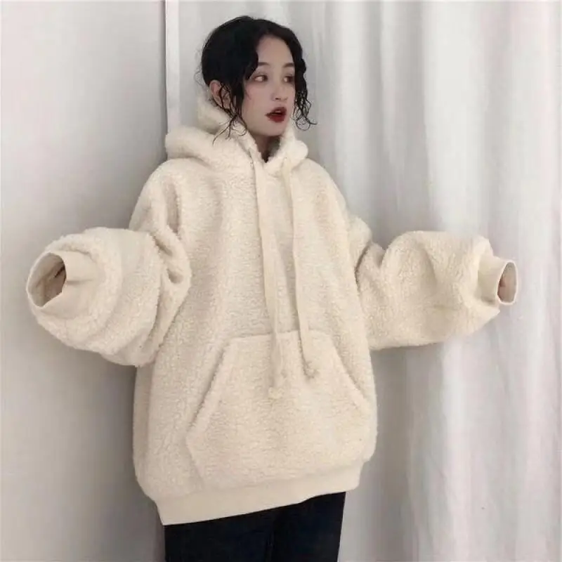 Autumn Hoodie Pullover Women Fleece Hooded Sweatshirt Winter Loose Oversized Casual Student Solid Color Jacket Cute Kawaii Tops