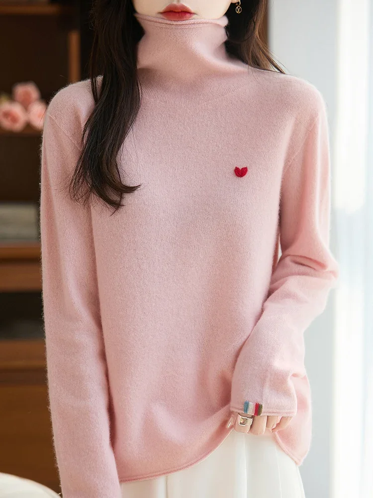 Merino Wool Stacked Neckline Heart Pattern Pullover for Women Autumn Winter Knit Top