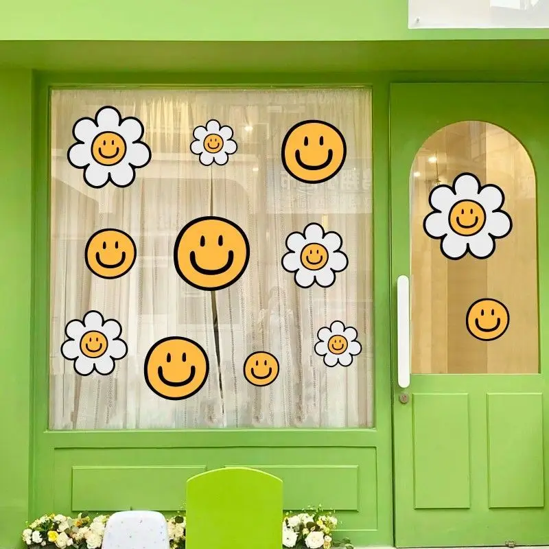 Korean-style Static Cling Wall Decals Sunflower Glass Storefront Anti-collision Stickers Waterproof Desserts Shop Decorations