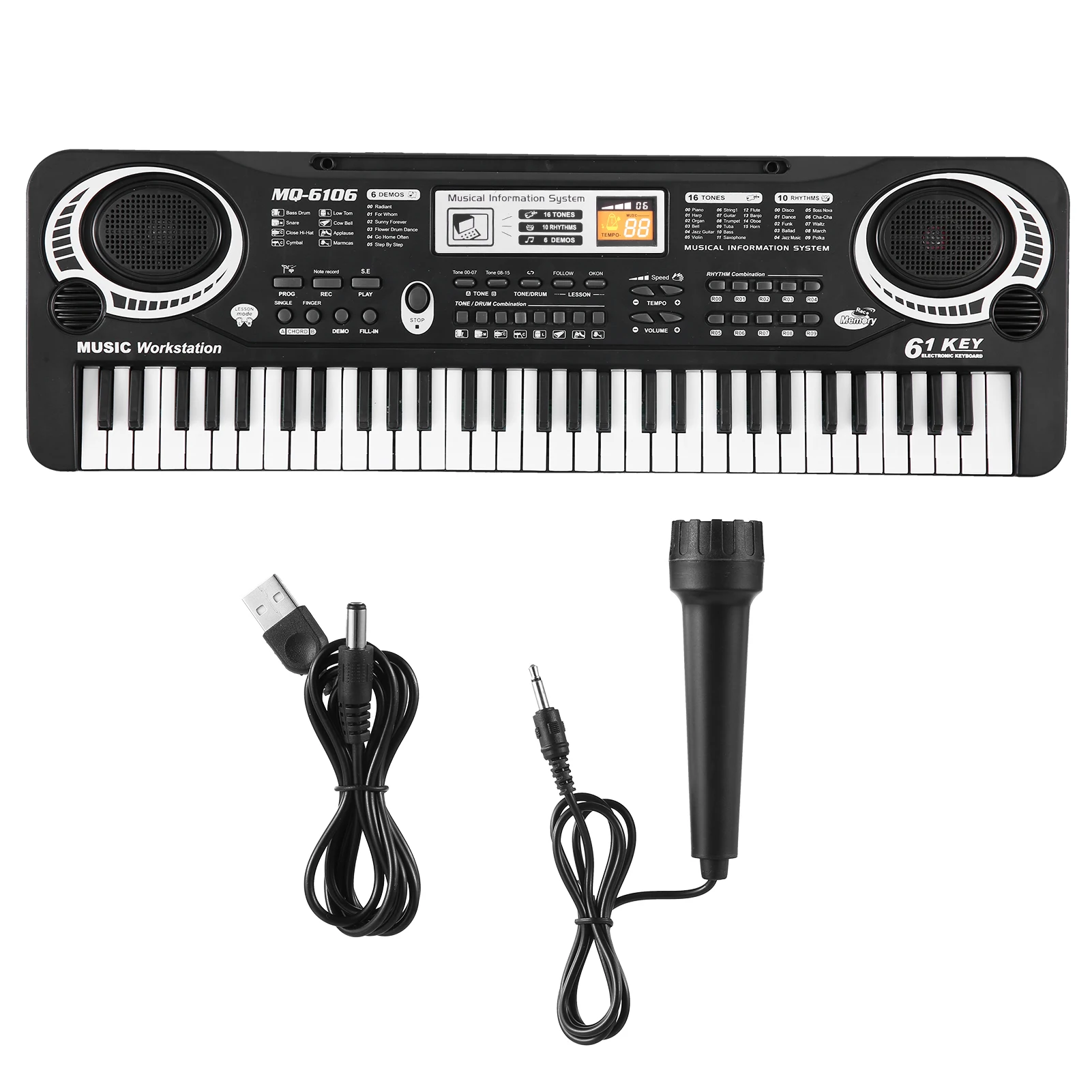 61 Keys USB Electronic Organ Kids Electric Piano with Microphone Black Digital Music Electronic Keyboard Built-in Stereo Speaker