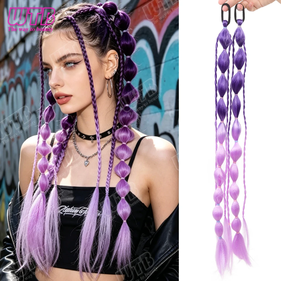 WTB 2pcs Synthetic Braid Wig Elastic Band Style Gradient Purple Bubble Braid Wig Suitable for Women to Wear for Holidays Events