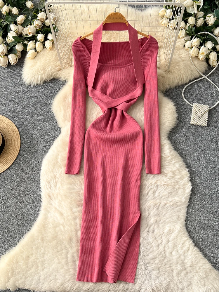 

Pure Desire Knitted Long Sve Dr Waist Cinching Strap Splice Slimming High Waist A-Line Summer Ci Commute Dr