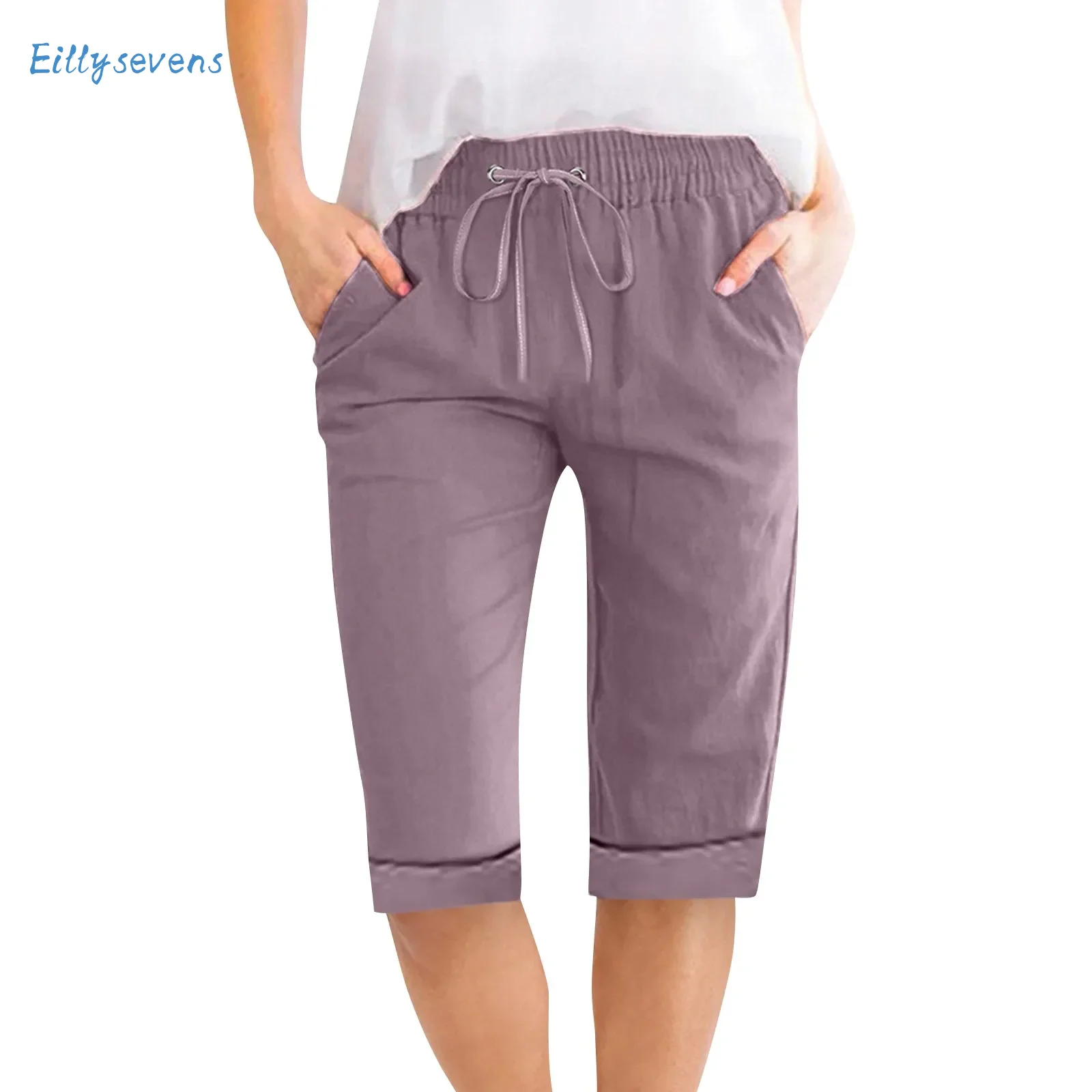 

Women Solid Shorts Drawstring Elastic Waist Cotton Linen Casual Straight Fitting Pants With Pockets Cargo Style Five Point Pants