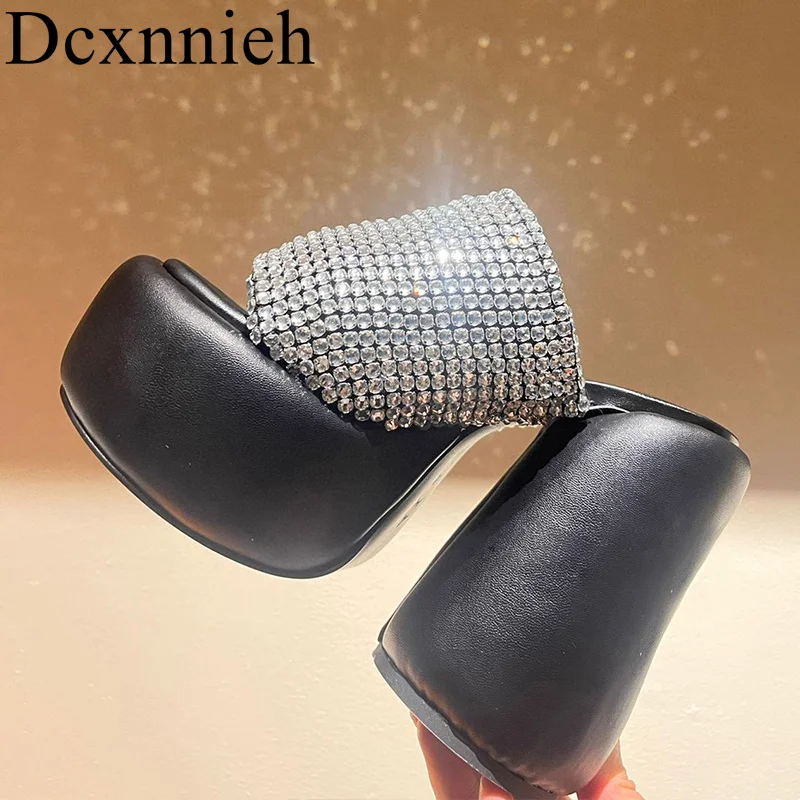 

Chunky High Heel Peep Toe Genuine Leather Slippers Women Thick Sole Bling Bling Rhinestone Sandals Summer party banquet shoes