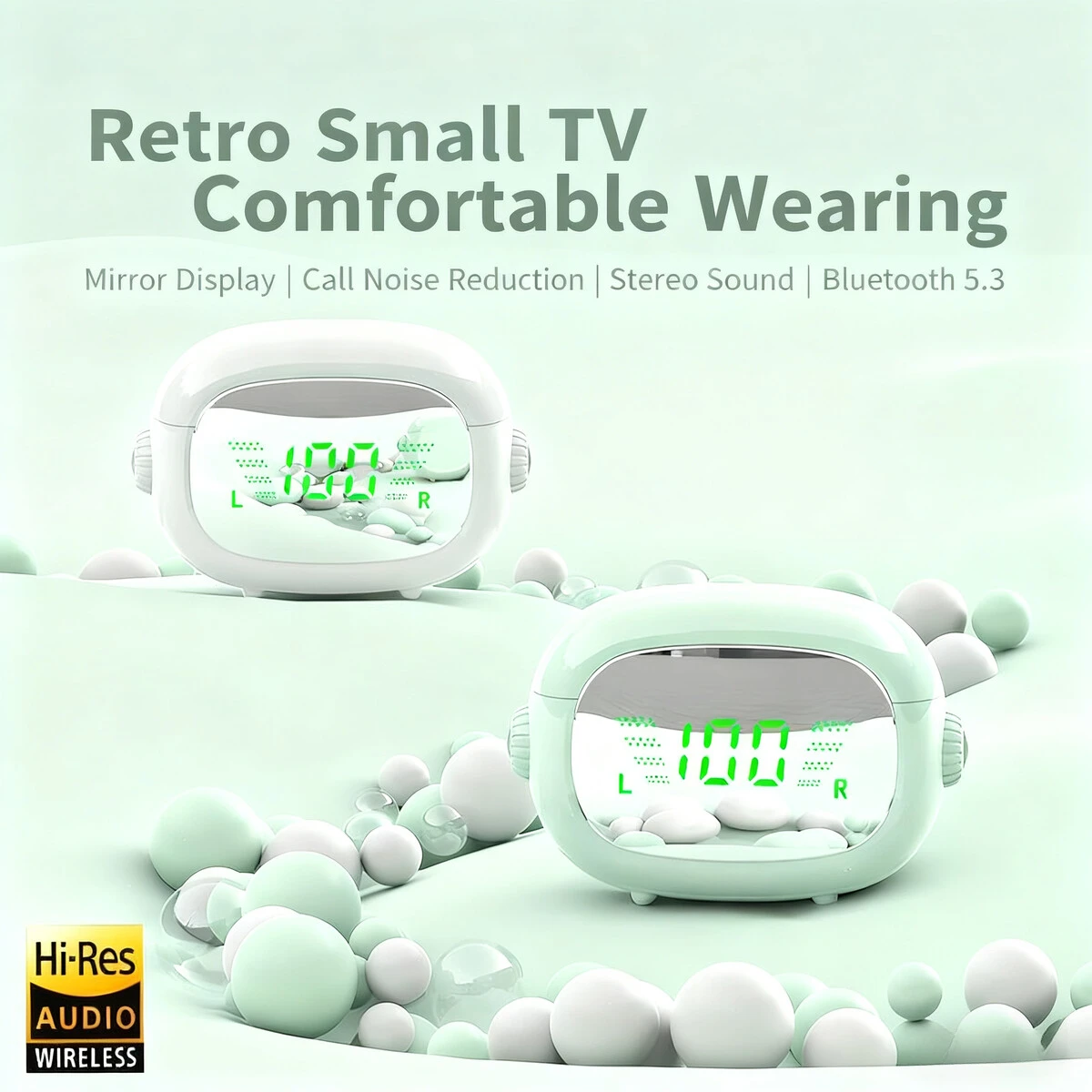 

Retro TV Shape Bluetooth Wireless Half-in-ear Headphones Mirror Display Screen Stereo Noise Cancelling Music Headsets For Gifts
