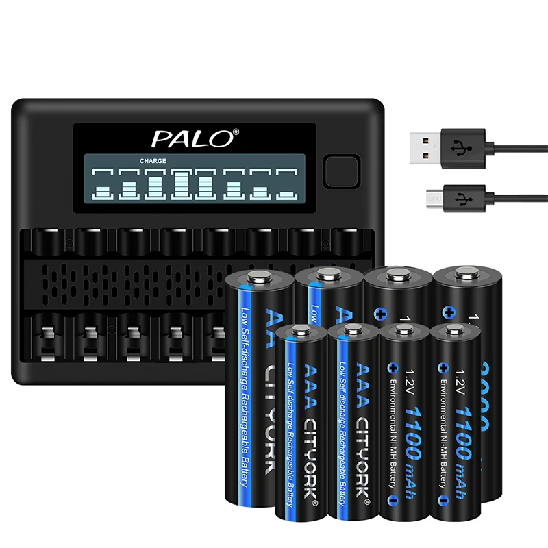 CITYORK 1,2V Wiederaufladbare AA AAA Batterie Ni-MH AA 3000mAh AAA 1100mAh NIMH Batterien + 8-Fach LCD USB-Ladegerät für Spielzeugkameras