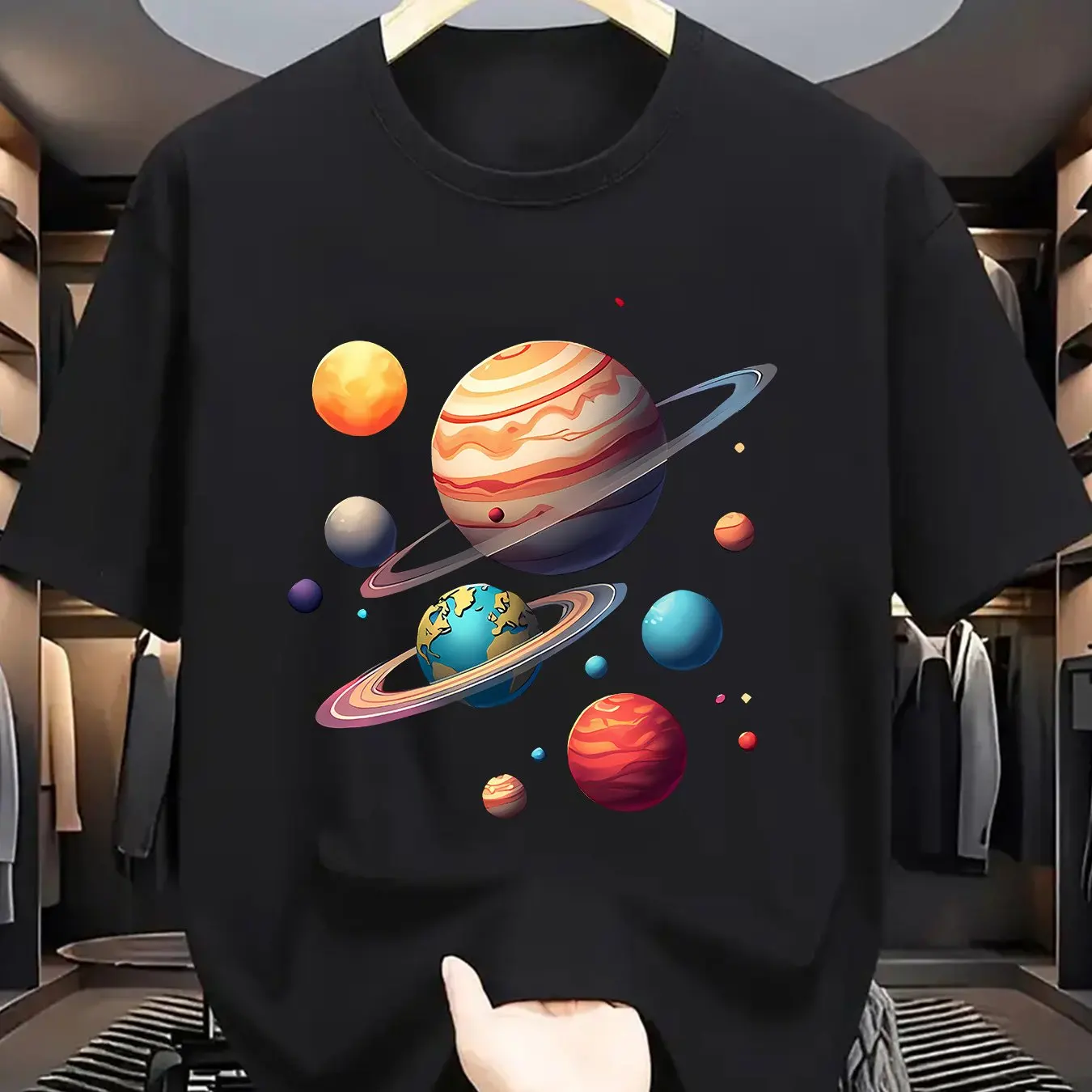 

Men Solar System Planet Print T-Shirt Soft StretchCasual Round Neck Tee Breathable Summer Shirt with Vibrant Space Design