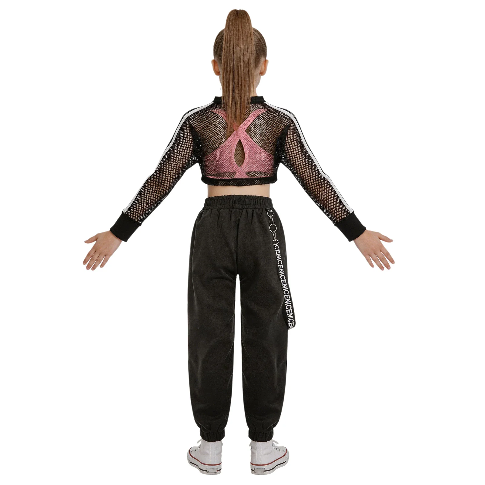Kids Girls Modern Jazz Hip-hop Dance Outfit Mesh Long Sleeve Athletic Crop Top with Vest Cargo Pants Workout Sports Activewear