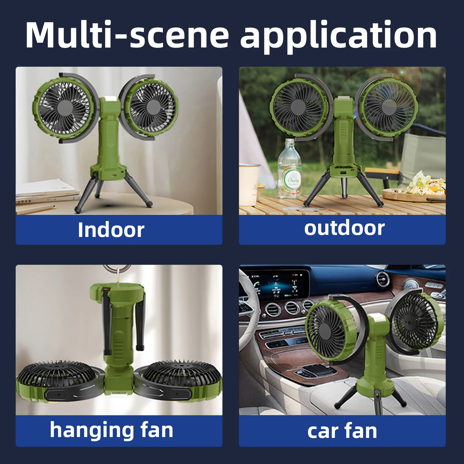 10000 mAh 배터리가 장착된 책상용 Eary 듀얼 헤드 팬 마운트 4 풍속 2 조명 다중 각도 조절 가능 휴대용 공기 냉각 팬