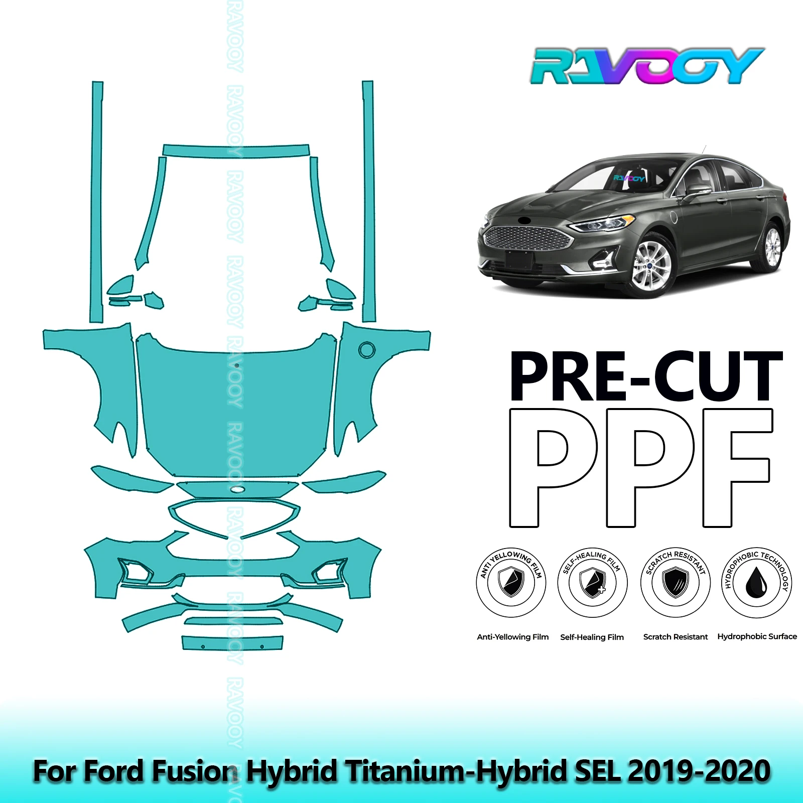 

8.5Mil Precut Paint Protection Film PPF Clear Bra Front Kit+Rockers For Ford Fusion Hybrid Titanium-Hybrid SEL 2019-2020