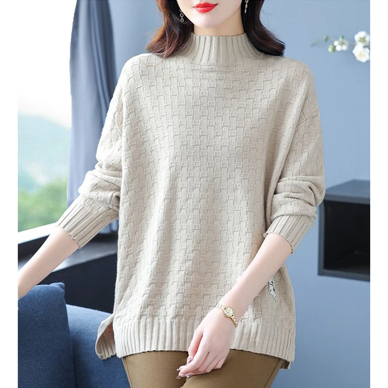 Half High Neck Sweater For Women Autumn Winter Korean Loose Large Size Knitted Sweater Pullovers Female O-Neck Jumper Full Tops