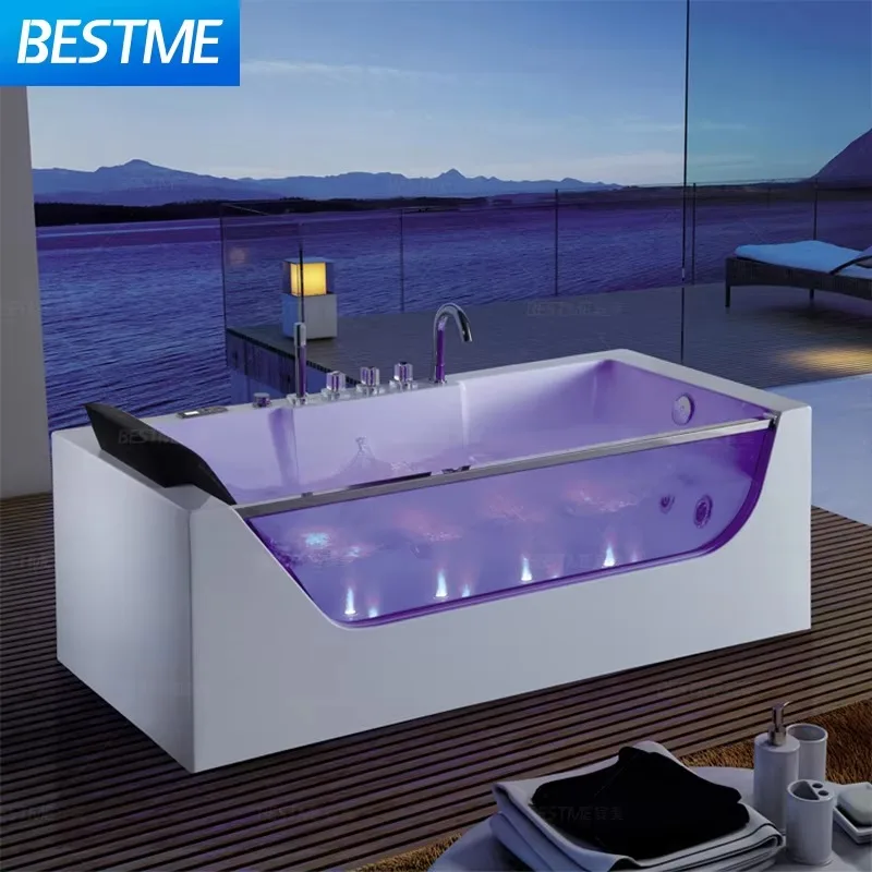 Luxurious Modern Rectangle Freestanding Acrylic Whirlpool Massage Bathtub LED Light Included Eco-friendly Features For Bathroom