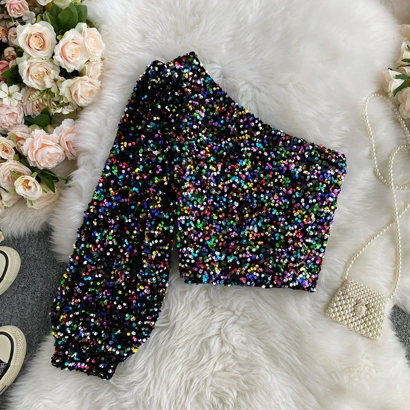 Autumn and Winter Sexy Hot Girl Sequin Top Slant Neck Off-shoulder Single-sleeve Slim Shiny Sequin Short T-shirt Top