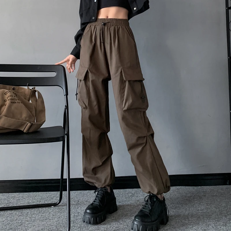 

Gidyq High Waist Women Cargo Pants American Style Fashion Folds Loose Wide Leg Pants Casual Streetwear Female Trousers New