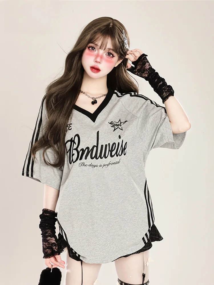 

next Moon Collaborative American Retro T-irt Women's Summer Trendy Loose ort Sve V-Ne Splice Print Moisture ng
