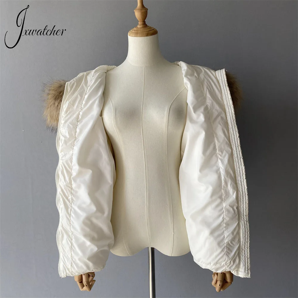 Jxwatcher-Chaqueta de plumón para mujer, abrigo grueso de plumón de pato blanco cálido con cuello de piel de mapache auténtica, chaqueta con capucha a la moda para mujer