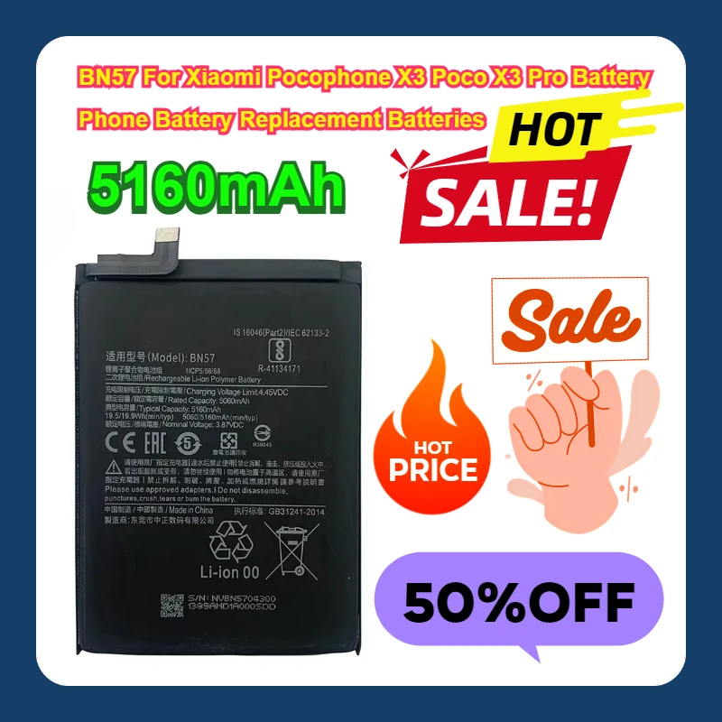 

2pcs 5160mAh BN57 For Xiaomi Pocophone X3 Poco X3 Pro Battery Phone Battery Replacement Batteries
