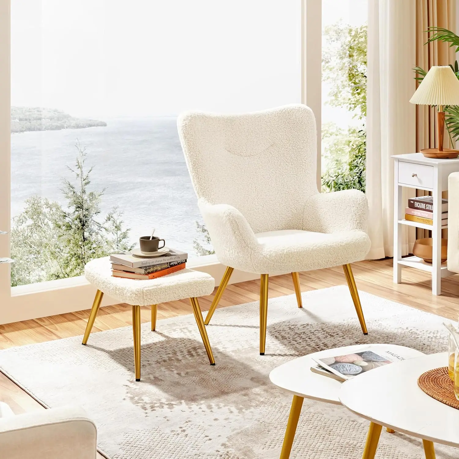 

Boucle Accent Chair and Ottoman Set, Sherpa Armchair with Golden Metal Legs, High Back Reading Chair and Footstool for