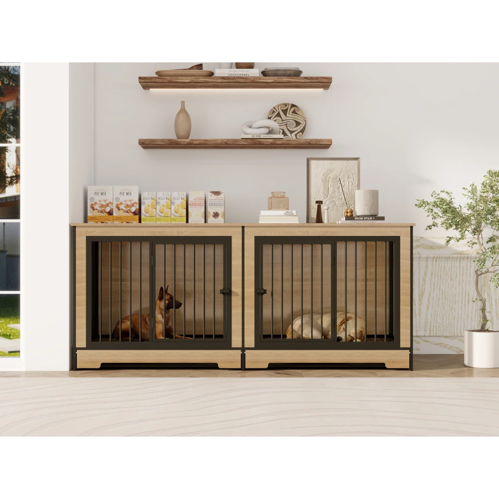 

Dog Crate Furniture with Two Combined Rooms, XL Large Double Dog Crate Furniture with Tray Dog Pets Dog House