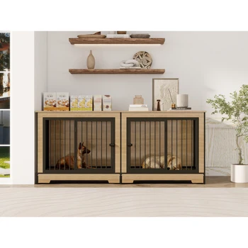 Dog Crate Furniture with Two Combined Rooms, XL Large Double Dog Crate Furniture with Tray Dog  Pets Dog House