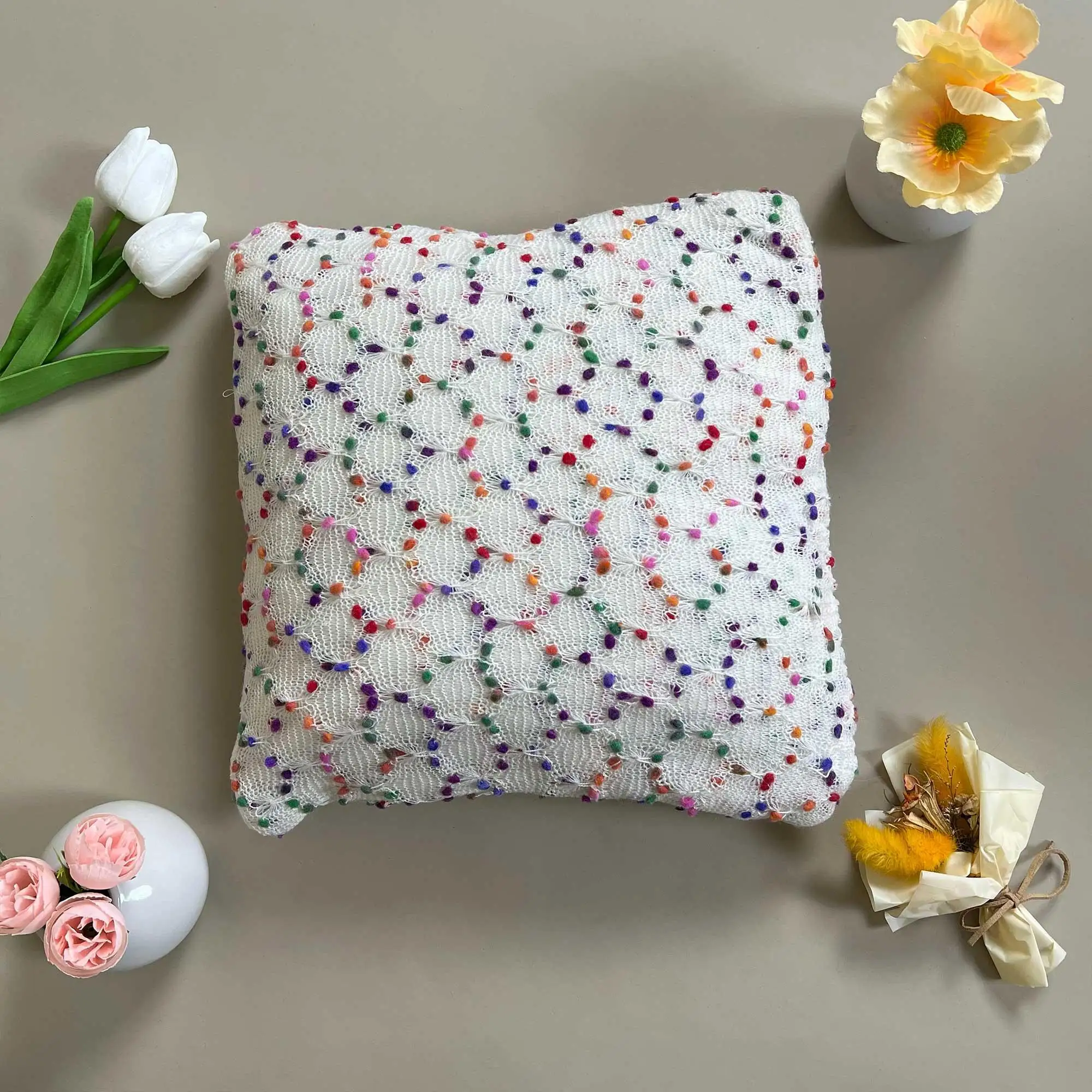 Waist Pillowcases Square Pillow, For Sofa Bedroom Decoration Sofa Accessory, White Rainbow Dots. Soft Decor