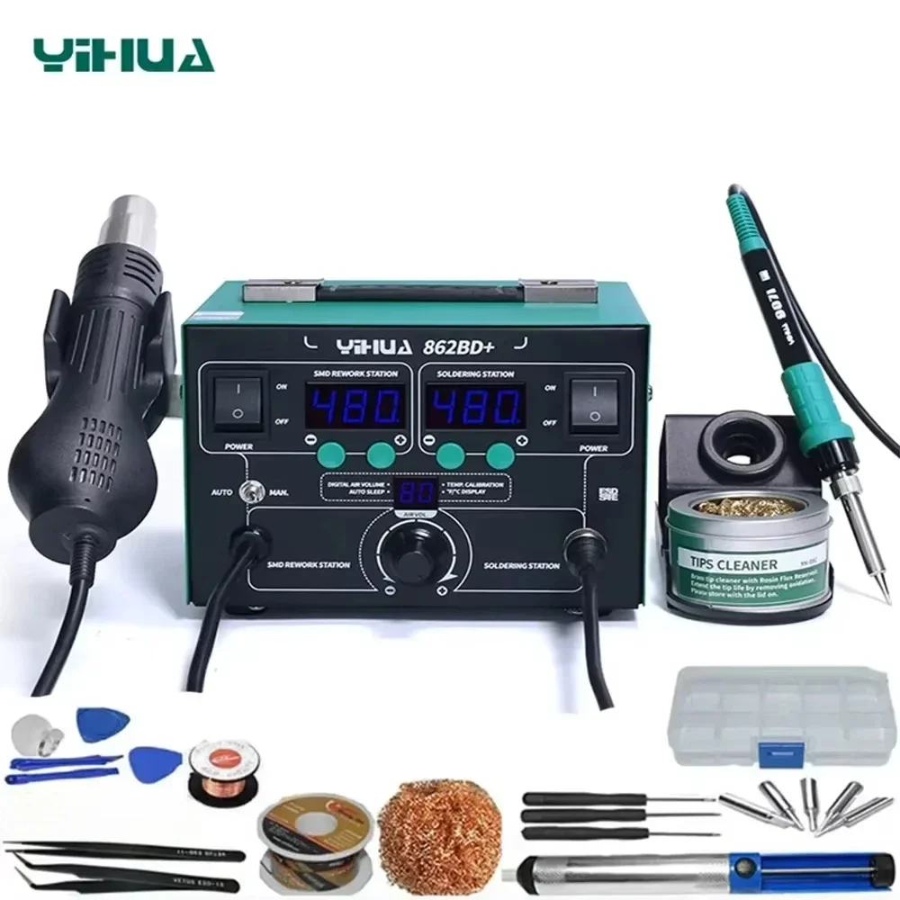 YIHUA- 862BD+ Digital Ajustable Soldering iron Hot Air Soldering Station for DIY 720W SMD BGA Rework Station Desoldering Station