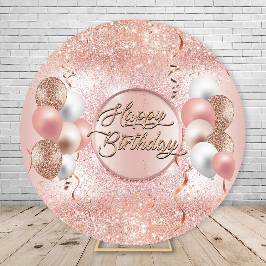 Rose Pink Golden Glitter Happy Birthday Party Round Backdrop Cover Customized Adult Birthday Circle Photography Background Props