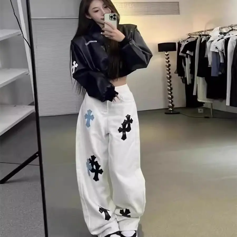 Pantalones vaqueros de pierna ancha con cruz blanca coreana de alta calidad para mujer, nuevo aspecto de verano y otoño, pantalones de pierna recta holgados y ajustados