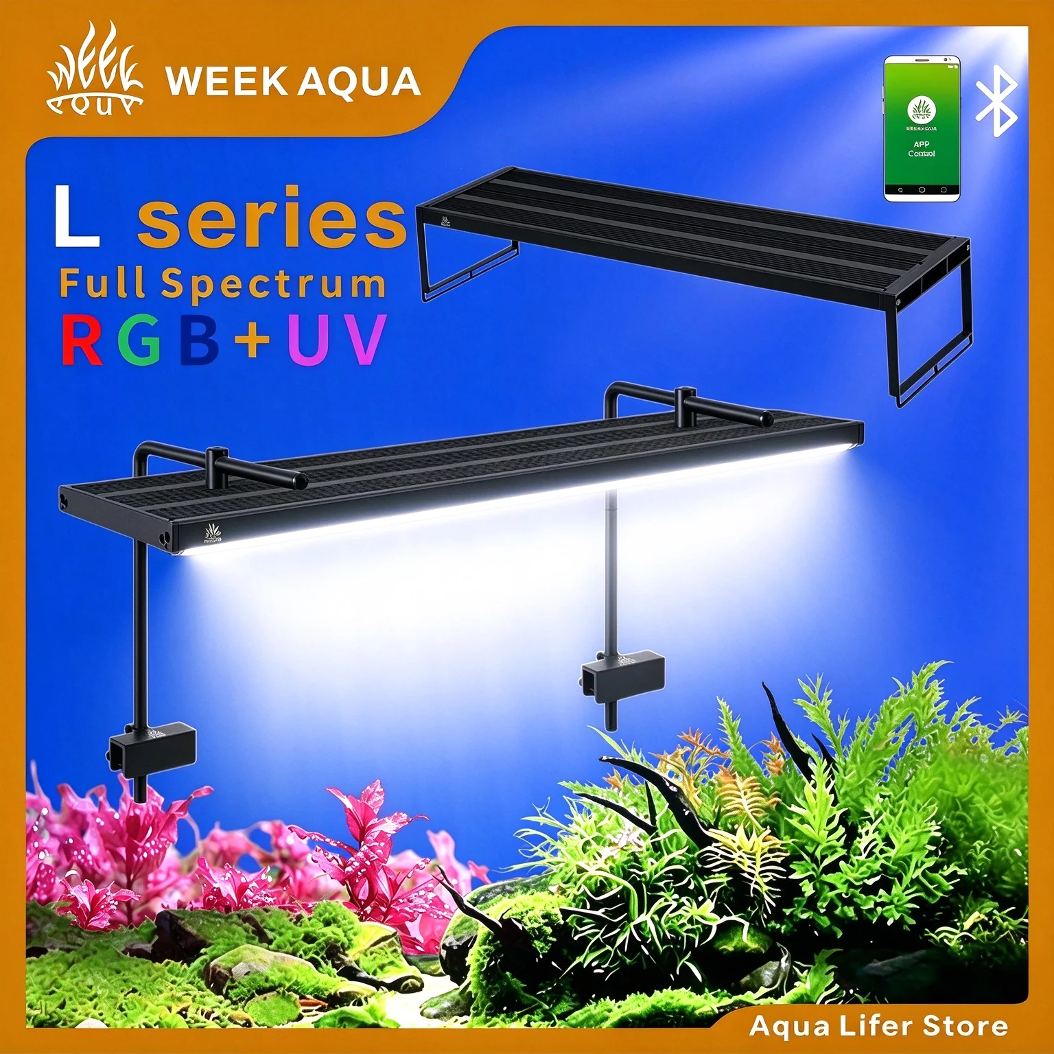 Week Aqua L Series Aquarium Plant LED Light, Full Spectrum RGB+UV for Freshwater Native Stream & Algae Aquarium