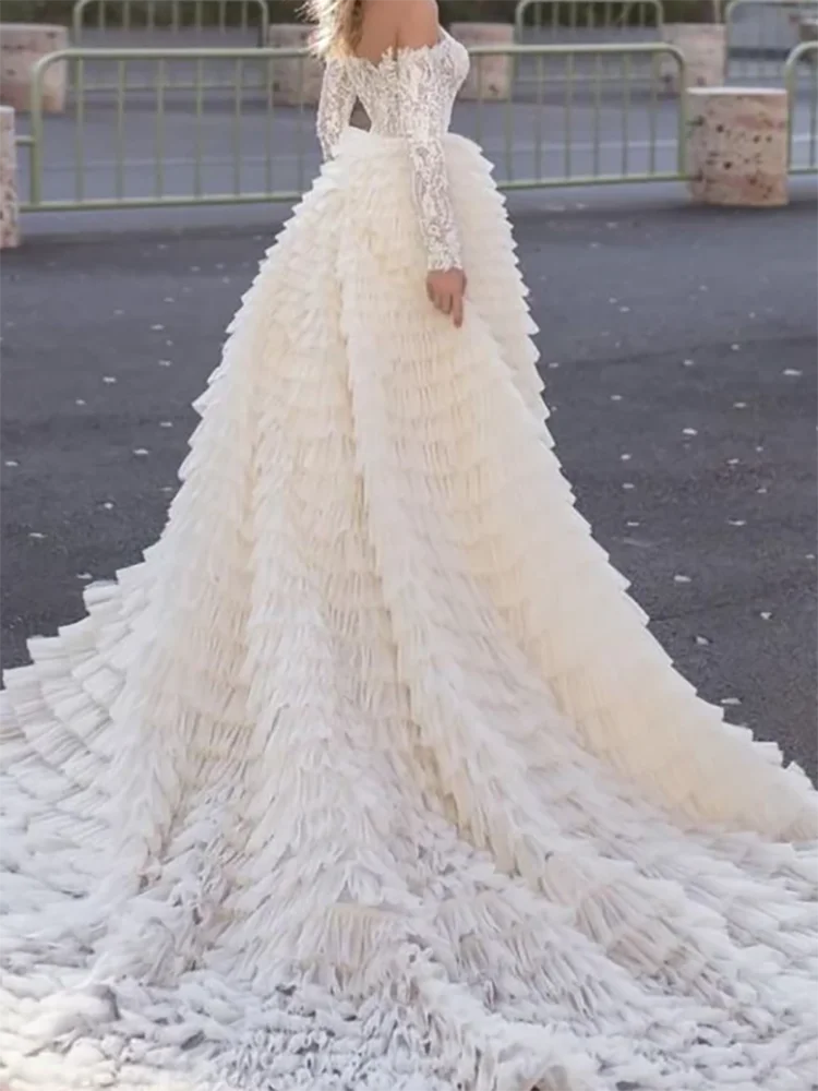 أنيقة قبالة الكتف الدانتيل كم كامل حورية البحر فساتين زفاف العروس أثواب الزفاف حسب الطلب