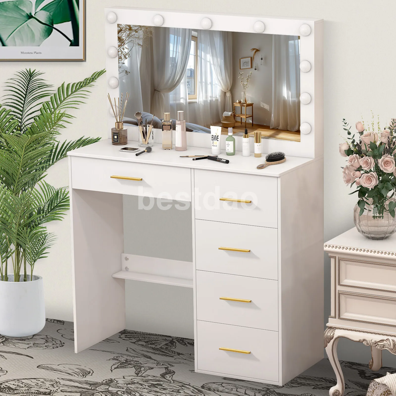 Туалетный столик для макияжа. Светодиодный туалетный столик с регулируемой яркостью, зеркалом и 5 ящиками для макияжа и хранения.