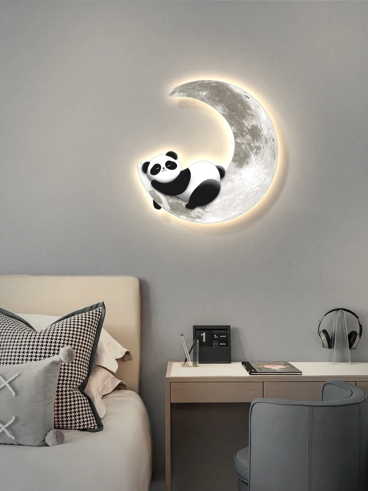 Children's room decoration painting boy girl room bedroom bedside panda cartoon warm luminous wall lamp black and white minimali