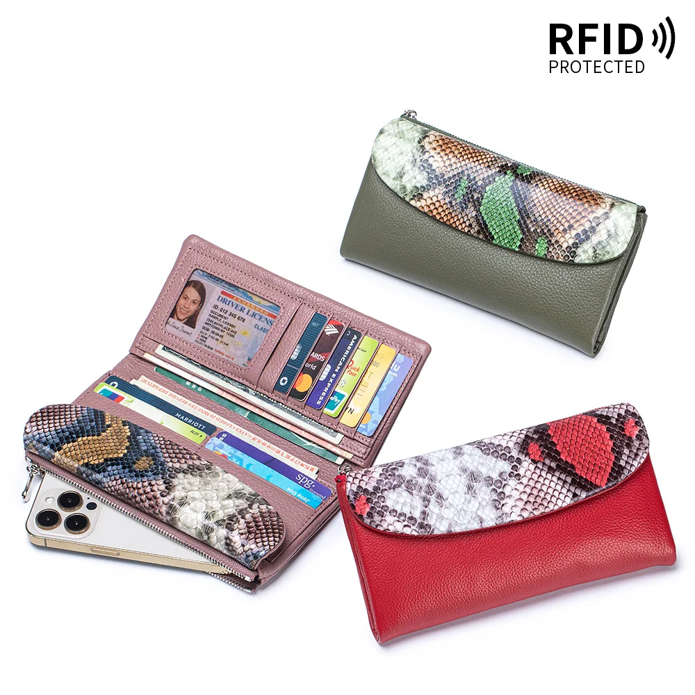 

Женский кожаный кошелек премиум-класса с принтом под змеиную кожу, тройного сложения, с RFID-защитой, большой вместимостью, множеством отделений для карт, роскошный длинный кошелек-клатч