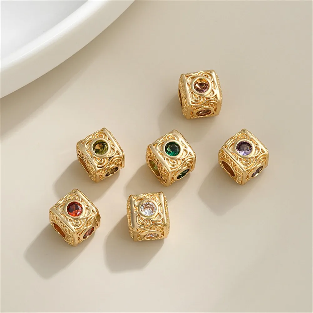 14K Gold-Color Plated Square Bead DIY Handmade Bead Material Retro Pattern Inlaid with Colorful Zirconium Jewelry Accessories