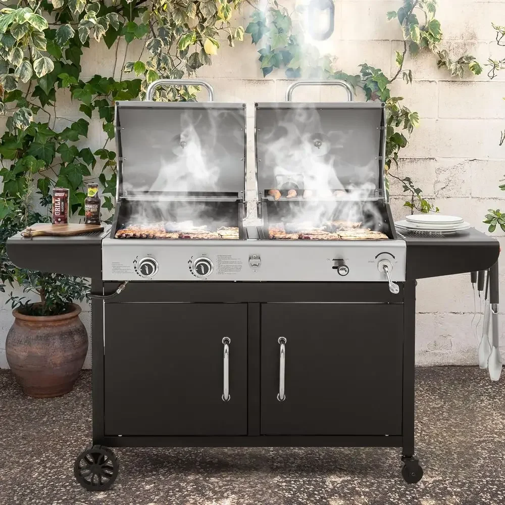 Dual Fuel BBQ Grill Combo, Propane and Charcoal, 20,000 BTU, Silver & Black, Outdoor Patio Backyard Grill