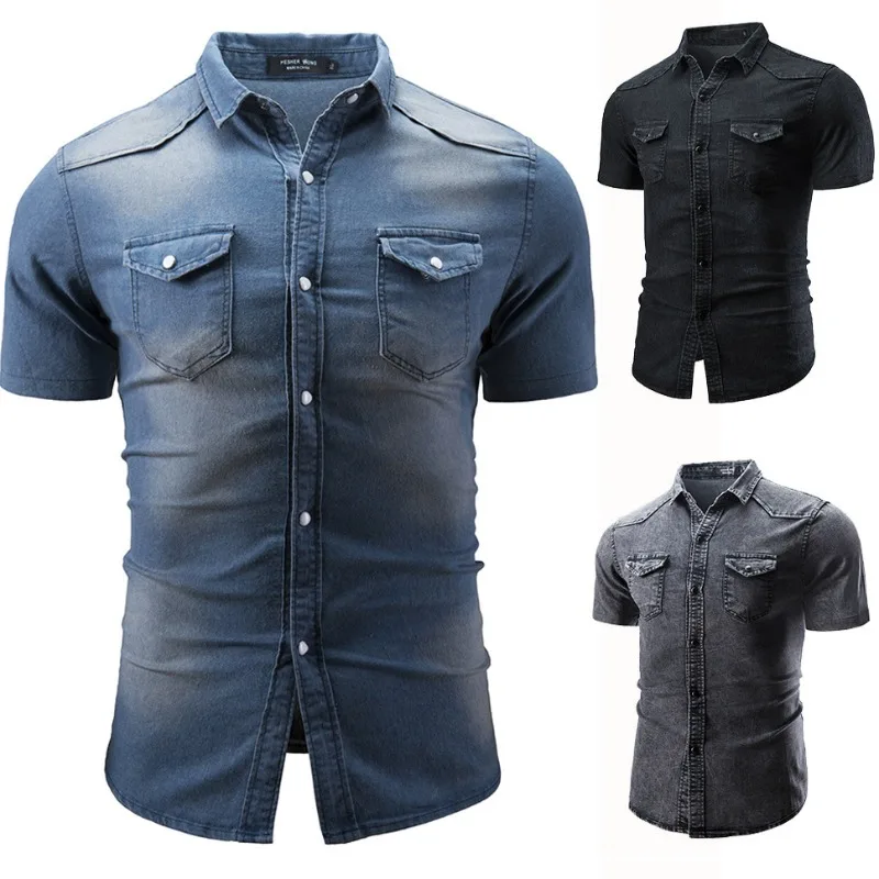

"Men's Denim Short Sleeve Shirt Casual Solid Color Cotton Top with Chest Pocket Summer Breathable Streetwear"