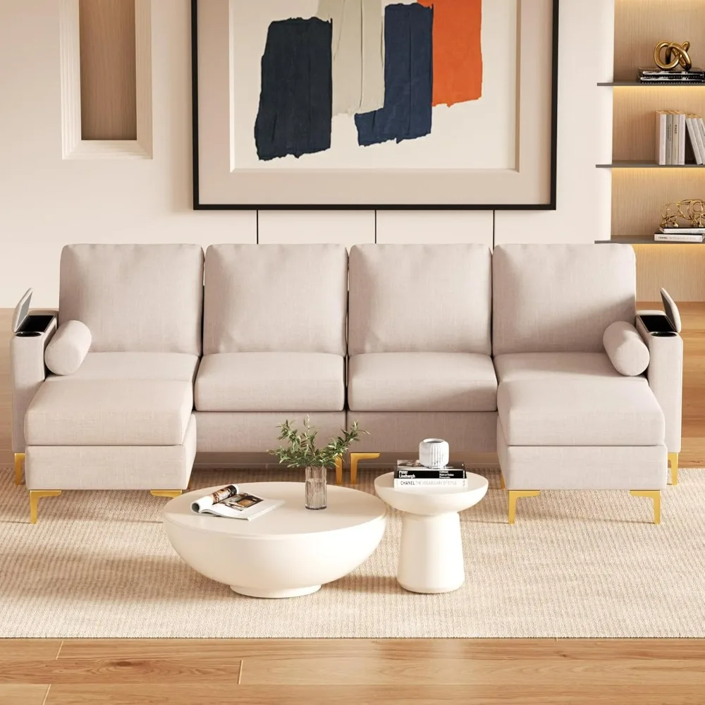 

Living Sofa, Beige Convertible U Shaped Sectional Couch with Storage Armrest with Cup Holder, Linen 6-Seat Couches