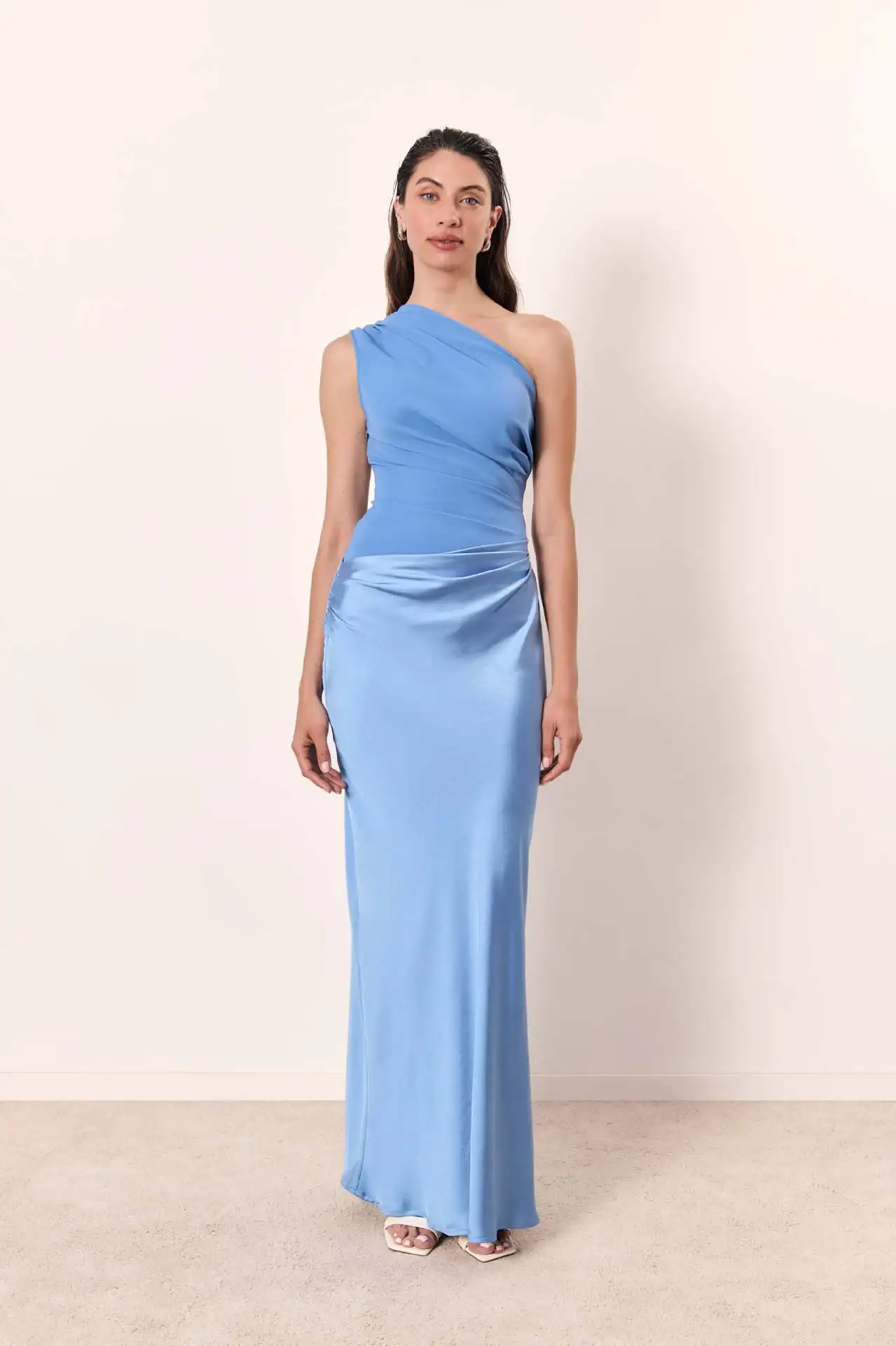 Elegant One-Shoulder Patchwork Satin Maxi Dress Women Sleeveless Ruched Slim Long Dresses 2026 Wedding Guest Evening Party Robes