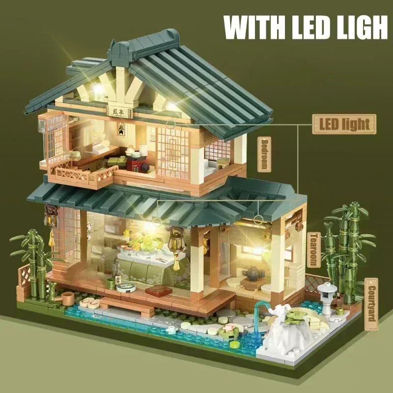 City 1099pcs Classic Japanese Courtyard Model Building Blocks With LED Light Village House MOC Villa Bricks Toys For Children