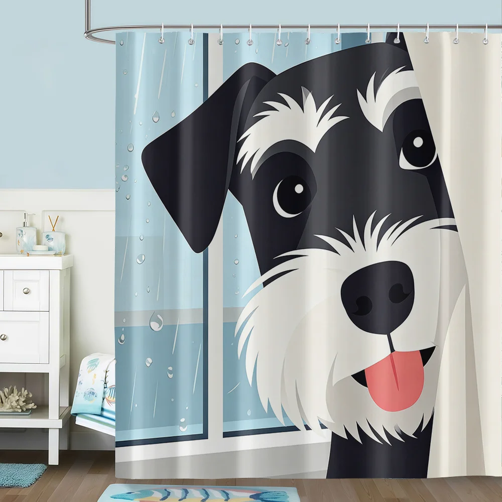 

Cute Cartoon Dog Shower Curtain, Funny Schnauzer Face Print, Black and White Puppy, Blue Window Background, Kids Bathroom Decor