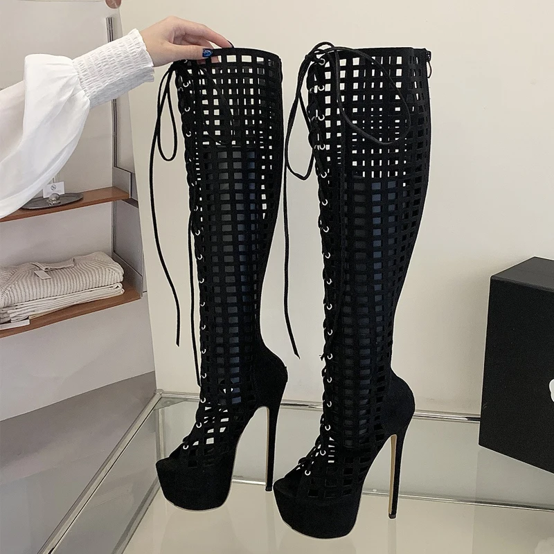 Eilyken Bottes d'été sexy à bout ouvert et ajourées pour femme, en maille, à lacets, à talons aiguil