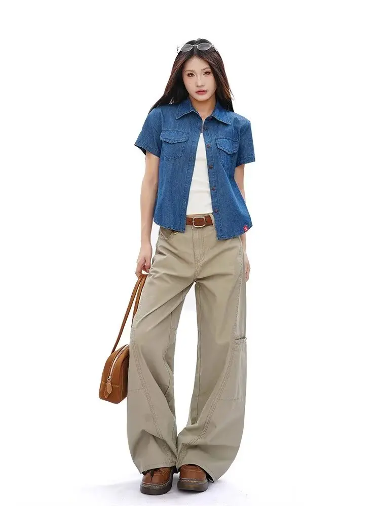 ملابس عمل جديدة على الطراز الأمريكي جينز كاكي عتيق مناسب لكل من الرجال والنساء بنطال ذو قصة أرجل واسعة وسراويل عصرية فضفاضة لأرضية الشارع