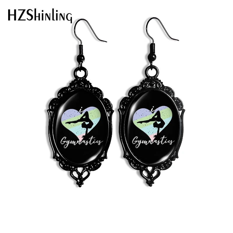 2024 New I Love Gymnastics Dangle Earring Black Lace Earrings Oval Glass Photo Jewelry Gifts Party