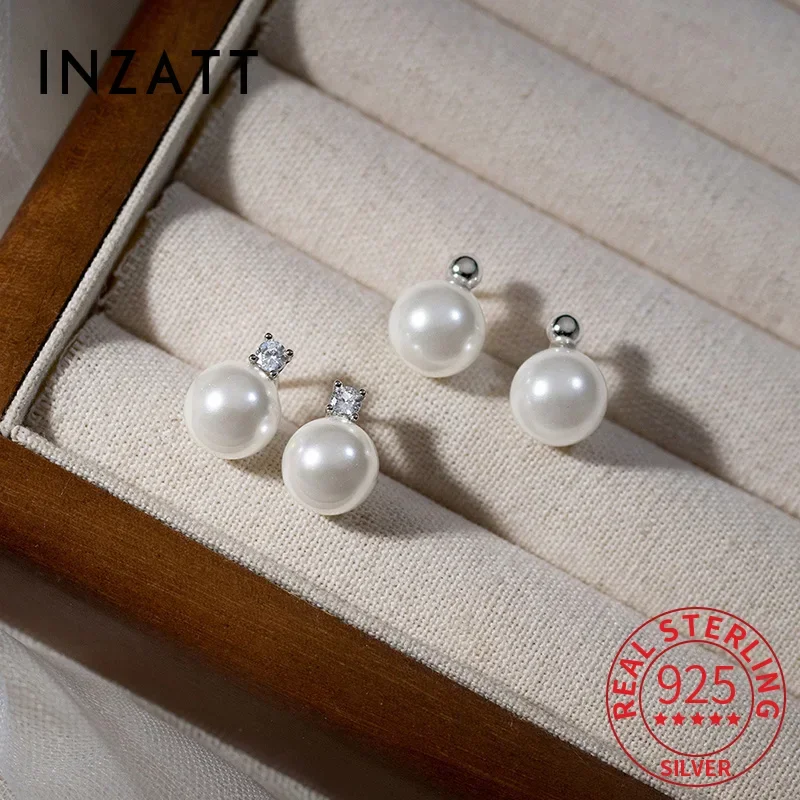 

INZATT Real 925 Sterling Silver Round Pearl Bead Stud Earrings for Women Party Classic Fine Jewelry Light Luxury Accessories
