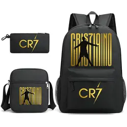 CR7 Estudantes Capacidade School Bags Set, Moda Bookbag, Travel Bag, Shoulder Bag, Pen Bag, Novo, 3Pcs