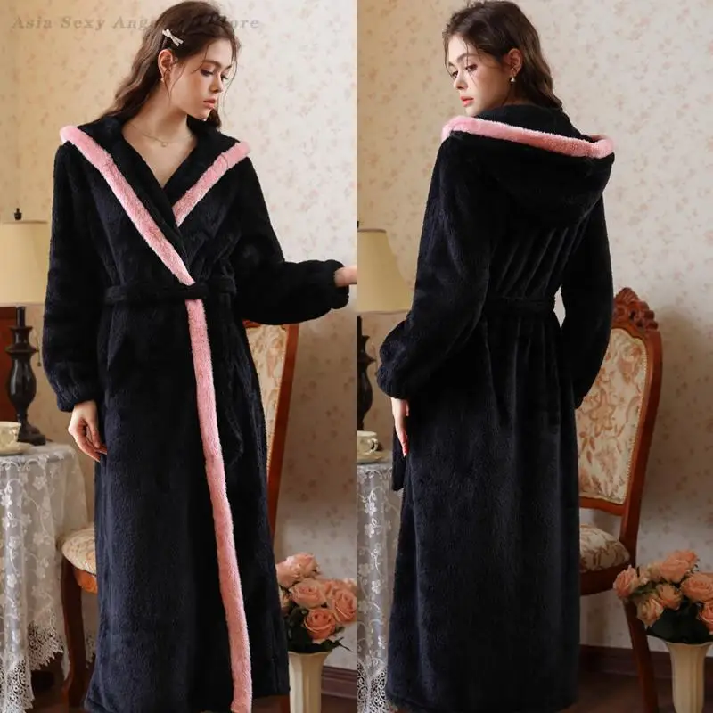 

Female Hooded Flannel Robe Long Sleeved Bathrobe Elegant Sweet Sleepwear Coral Fleece Warm Thick Nightgown Home Dressing Gown