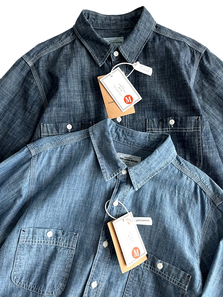 

Retro Washed Long Sleeve Bamboo Cotton Denim Shirt Men's Casual Collar Shirt Autumn Wear Resistant Standard Fit Button up