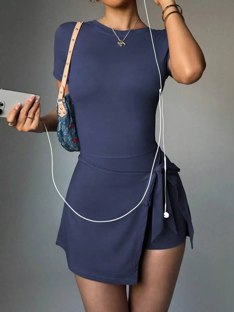 Women's Short-Sleeve Two-Piece Skort Integrated Jumpsuit, Slimming And Figure-Flattering, Anti-Exposure Design, Suitable For