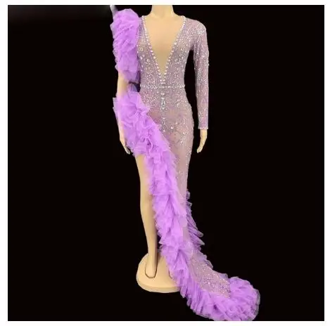 Birthday Celebrate One Sleeve Outfit Rhinestone Purple Mesh Transparent Long Dress Evening Women Dancer Party Dress