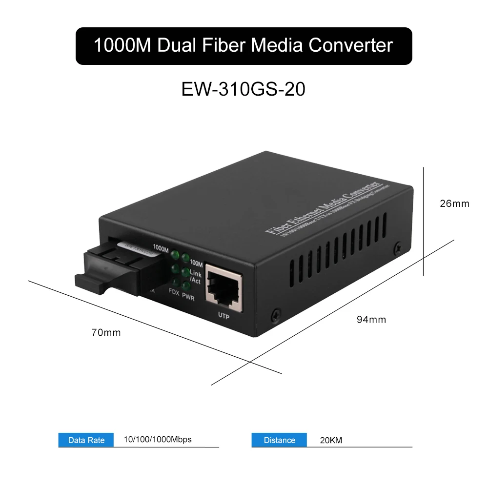 Gigabit Fiber Optical Media Converter 10/100/1000Mbps Dual Fiber SC Port RJ45 to 1000Base-LX up to 20km